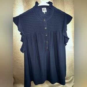 Anne Klein navy blue ruffle shirt top.